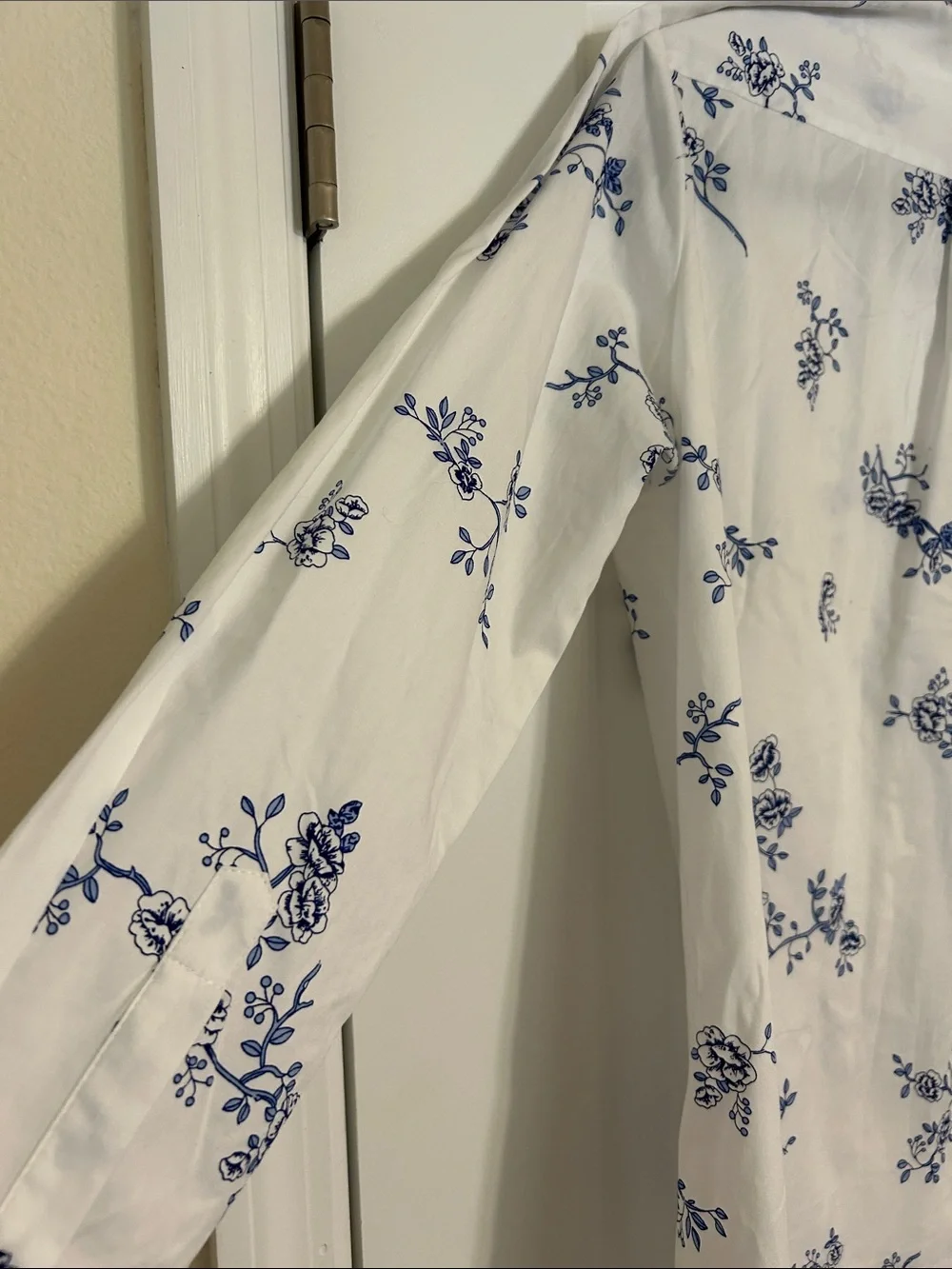 Classic White Nightshirt with Blue Floral Print - Elegant Button-Front Pajama
